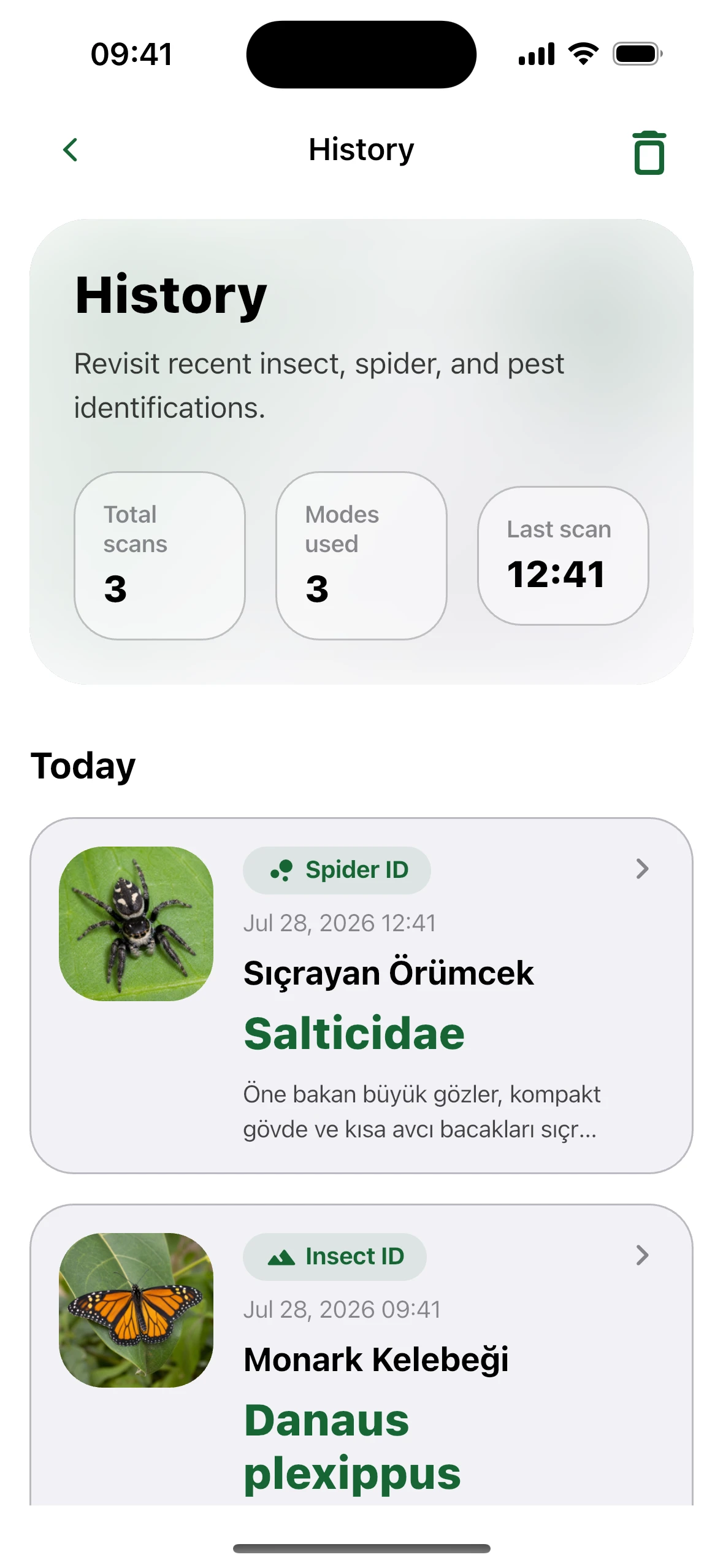Geçmiş – Insect Identifier iPhone ekranı